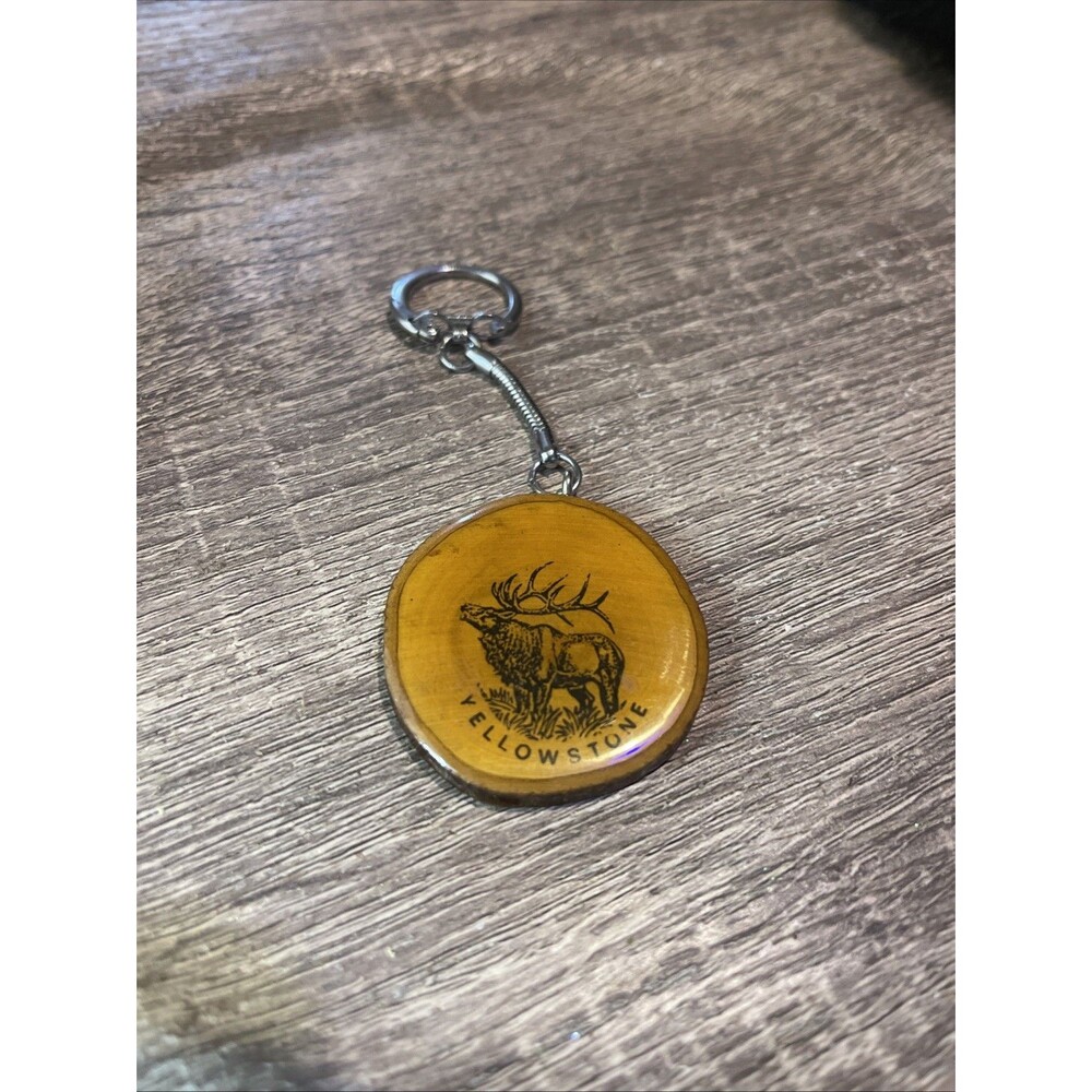 Vintage Yellowstone National Park Keychain Elk On Wood